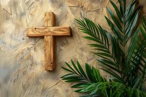 AI generated Wooden Cross Surrounded by Palm Leaves photo