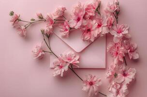 AI generated Envelope With Pink Flowers on Pink Background photo