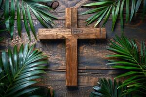 AI generated Wooden Cross Surrounded by Palm Leaves photo