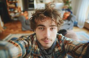 AI generated Young Man With Curly Hair Sitting in Living Room photo