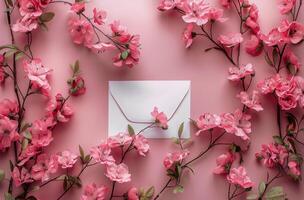 AI generated White Envelope Surrounded by Pink Flowers on Pink Background photo