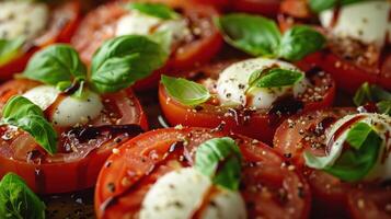 AI generated a tomato basil mozzarella salad, showcasing ripe tomatoes, creamy mozzarella, and fragrant basil leaves photo