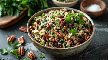 ai generado un salvaje arroz ensalada, con de nuez salvaje arroz, dulce seco arándanos, crujiente nueces pecanas, y Fresco hierbas foto