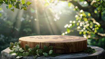 AI generated Display your wooden products on a minimalist podium against a background of blurred nature leaves photo