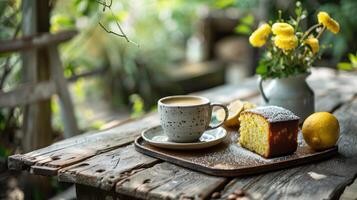 ai generado un café con un lado de limón libra pastel, servido en un rústico de madera mesa en un jardín foto