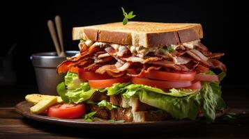 AI generated a club sandwich, stacked high with layers of turkey, bacon, lettuce, tomato, and mayonnaise on toasted bread photo