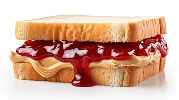 AI generated A delightful image of a peanut butter and jelly sandwich, with creamy peanut butter and sweet jelly on soft, white bread photo