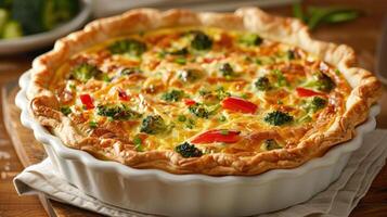 AI generated a spring vegetable quiche, with a flaky crust and a filling of broccoli, bell peppers, and cheddar cheese photo