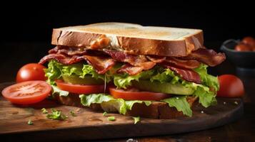 AI generated a classic BLT sandwich, with crispy bacon, fresh lettuce, and juicy tomatoes on toasted bread photo