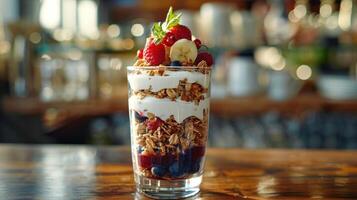 AI generated a spring fruit parfait, with layers of yogurt, granola, and fresh berries, served in a glass photo