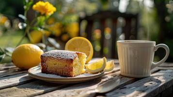 AI generated a coffee with a side of lemon pound cake, served on a rustic wooden table in a garden photo