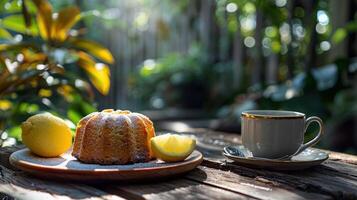 AI generated a coffee with a side of lemon pound cake, served on a rustic wooden table in a garden photo