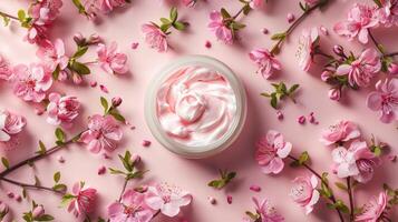 AI generated Floral Skincare. Cream Amidst Blossoms photo