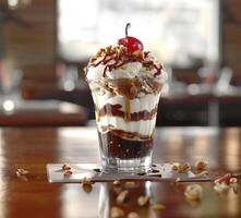 AI generated A mouthwatering photo of an ice cream sundae, with layers of ice cream