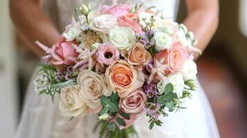 ai generado un femenino mano graciosamente sostiene un hermosa ramo de flores de clasificado rosas y floraciones en delicado sombras de rosado y blanco foto