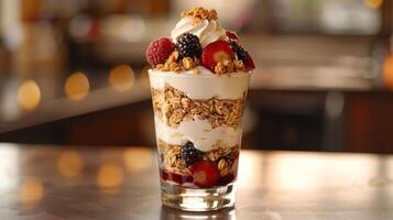 AI generated a spring fruit parfait, with layers of yogurt, granola, and fresh berries, served in a glass photo