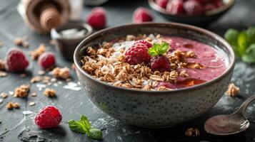 ai generado un baya y yogur zalamero bol, coronado con Granola, Coco copos, y un llovizna de miel foto