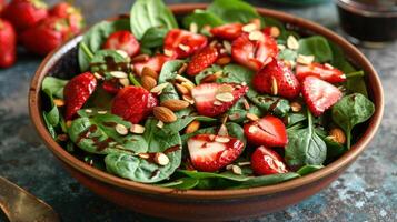 ai generado un fresa Espinacas ensalada, presentando Fresco Espinacas hojas, jugoso fresas, y crujiente Almendras foto