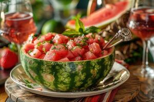 AI generated a watermelon punch, served in a hollowed-out watermelon with a ladle for serving photo