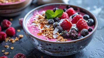 AI generated a berry and yogurt smoothie bowl, topped with granola, coconut flakes, and a drizzle of honey photo