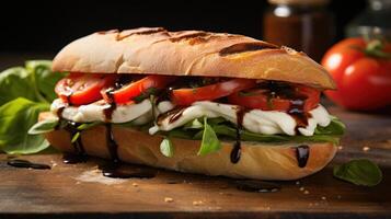 ai generado un caprese sándwich, presentando Fresco queso Mozzarella, maduro Tomates, albahaca hojas, y balsámico vidriar en ciabatta un pan foto