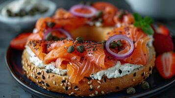 AI generated a smoked salmon bagel, with cream cheese, red onion, and capers, served with a side of fresh fruit photo