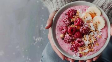 AI generated a berry and yogurt smoothie bowl, topped with granola, coconut flakes, and a drizzle of honey photo