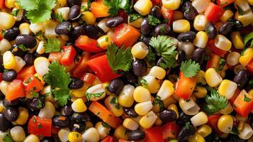 ai generado un maíz y negro frijol ensalada, con dulce maíz granos, negro frijoles, cortado en cubitos campana pimientos, y cilantro, foto