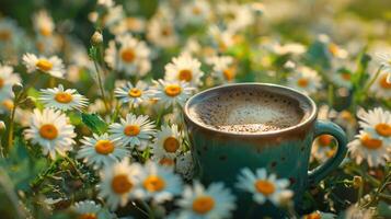 ai generado un café taza rodeado por margaritas, exhibiendo el belleza de primavera flores foto