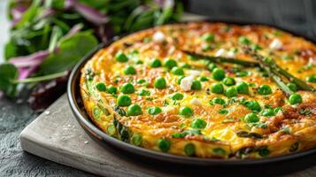 AI generated a spring vegetable frittata, filled with asparagus, peas, and feta cheese, served with a side salad photo