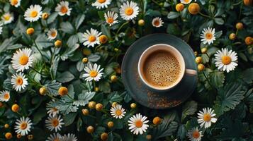 ai generado un café taza rodeado por margaritas, exhibiendo el belleza de primavera flores foto