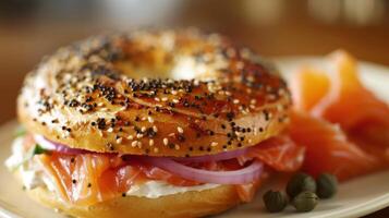 AI generated a smoked salmon bagel, with cream cheese, red onion, and capers, served with a side of fresh fruit photo