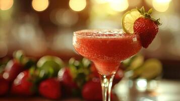 AI generated a strawberry daiquiri, with fresh strawberries, rum, lime juice, and simple syrup, blended with ice photo