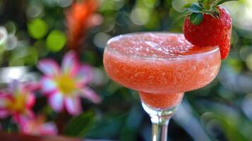 AI generated a strawberry daiquiri, with fresh strawberries, rum, lime juice, and simple syrup, blended with ice photo