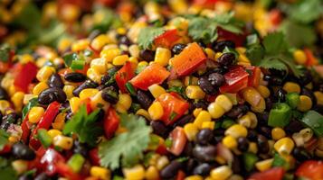 AI generated a corn and black bean salad, with sweet corn kernels, black beans, diced bell peppers, and cilantro, photo
