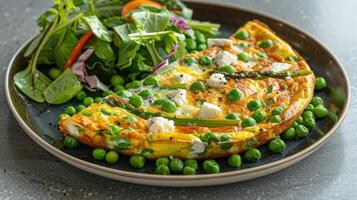 AI generated a spring vegetable frittata, filled with asparagus, peas, and feta cheese, served with a side salad photo