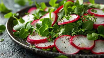 ai generado un rábano y berro ensalada, destacando picante rábano rebanadas, picante berro, y un picante agrios vendaje foto