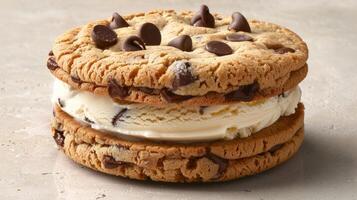 AI generated an ice cream sandwich, with creamy ice cream sandwiched between two chocolate chip cookies photo