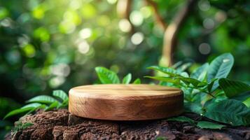 ai generado monitor tu de madera productos en un minimalista podio en contra un antecedentes de borroso naturaleza hojas foto