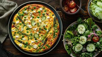 AI generated a spring vegetable frittata, filled with asparagus, peas, and feta cheese, served with a side salad photo