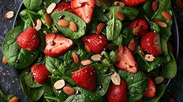 AI generated a strawberry spinach salad, featuring fresh spinach leaves, juicy strawberries, and crunchy almonds photo