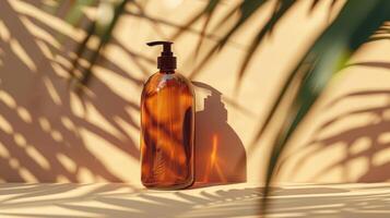 AI generated Ads for a mild cleansing shampoo featuring a brown pump bottle and shadows of palm leaves photo