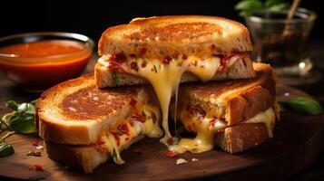 AI generated a gourmet grilled cheese sandwich, oozing with melted cheese and served with a side of tomato soup photo