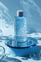 ai generado presentando un natural gel botella metido en un azul vaso Dto con burbujas en contra un ligero azul fondo foto
