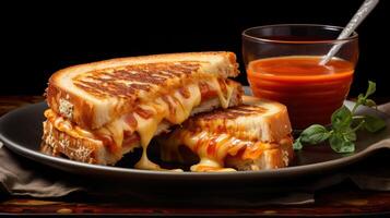 AI generated a gourmet grilled cheese sandwich, oozing with melted cheese and served with a side of tomato soup photo