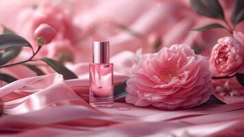 AI generated Elegant pink camellia featured in Camellia cosmetic ads, along with cream bottle and ribbons photo