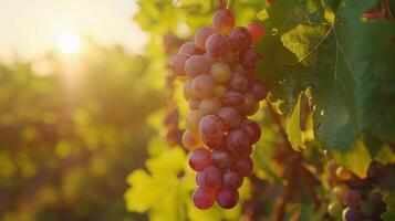 AI generated A close-up shot showcasing a cluster of grapes hanging on a grapevine in a vineyard photo