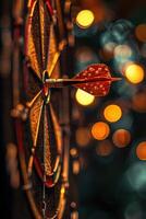 AI generated A sharp dart hits the target with precision, arrow in focus against a blurred bokeh background. photo