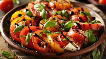 AI generated a tomato basil mozzarella salad, showcasing ripe tomatoes, creamy mozzarella, and fragrant basil leaves photo