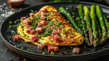 AI generated a ham and asparagus omelette, filled with diced ham, asparagus spears, and Swiss cheese photo